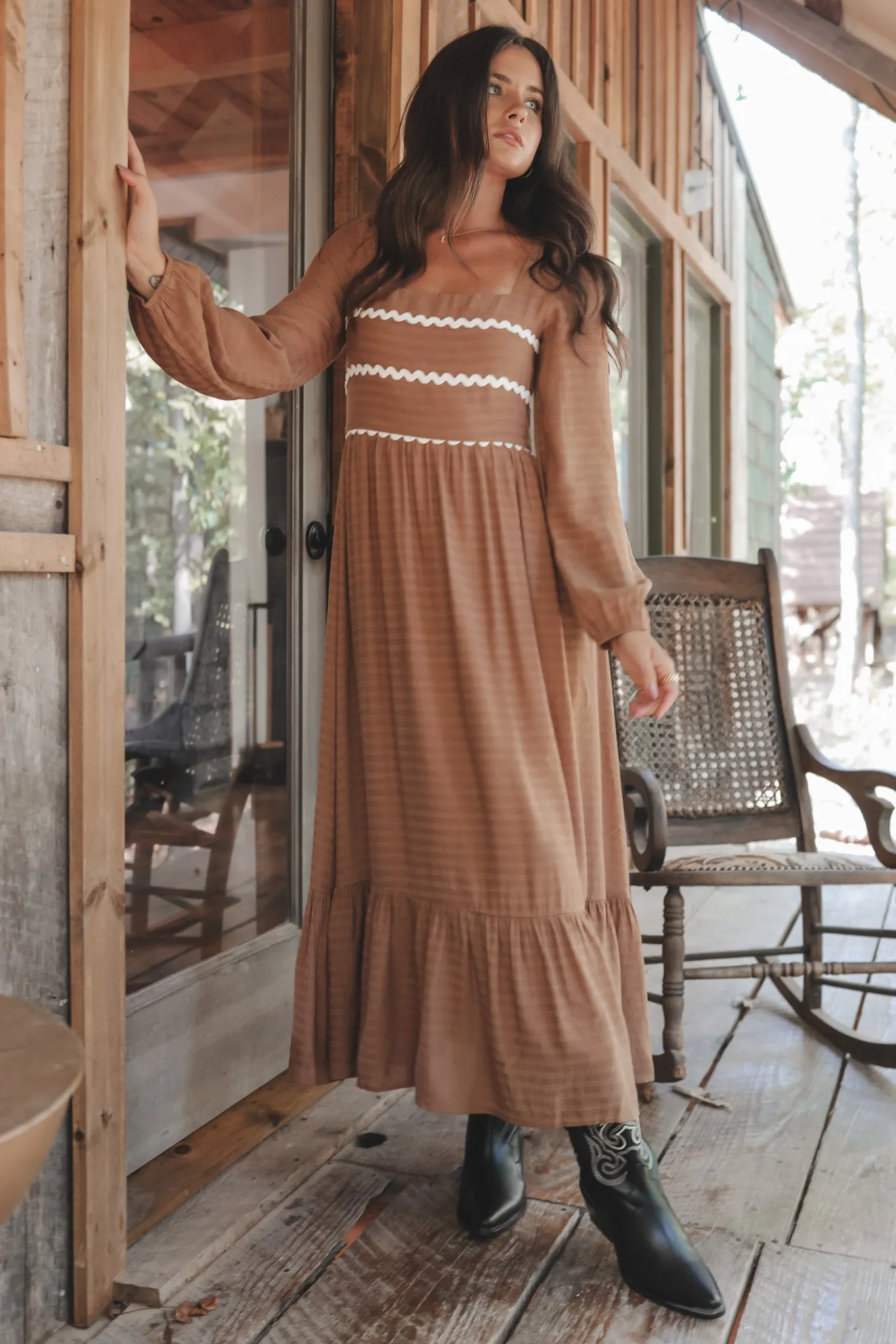 A Little Park Picnic Long Sleeve Mocha Dress