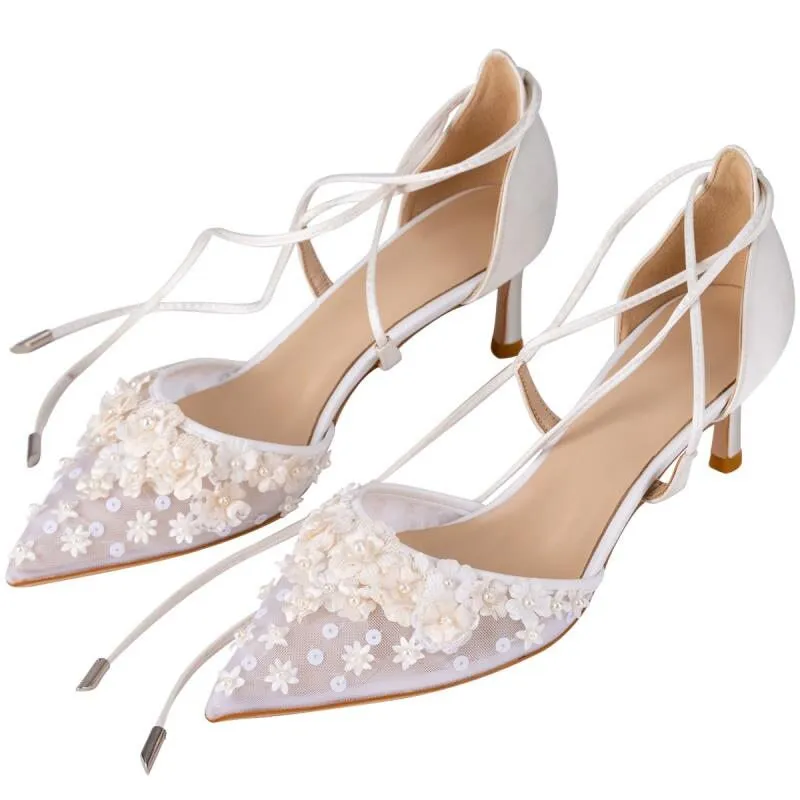 Advbridge New Bride's Shoes French Embroidery Stamping Handmade Girl White Bandage Lady's Wedding Dress High Heels Wedding Shoes