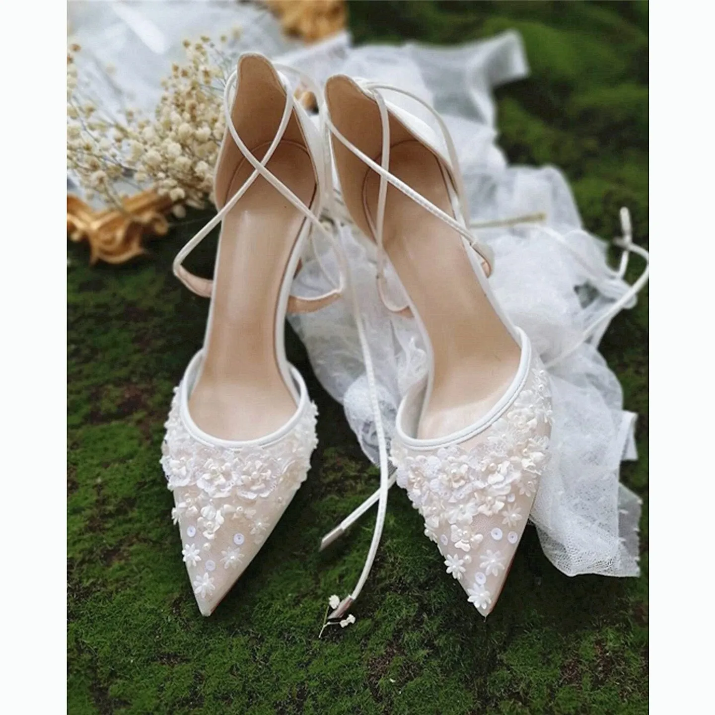 Advbridge New Bride's Shoes French Embroidery Stamping Handmade Girl White Bandage Lady's Wedding Dress High Heels Wedding Shoes