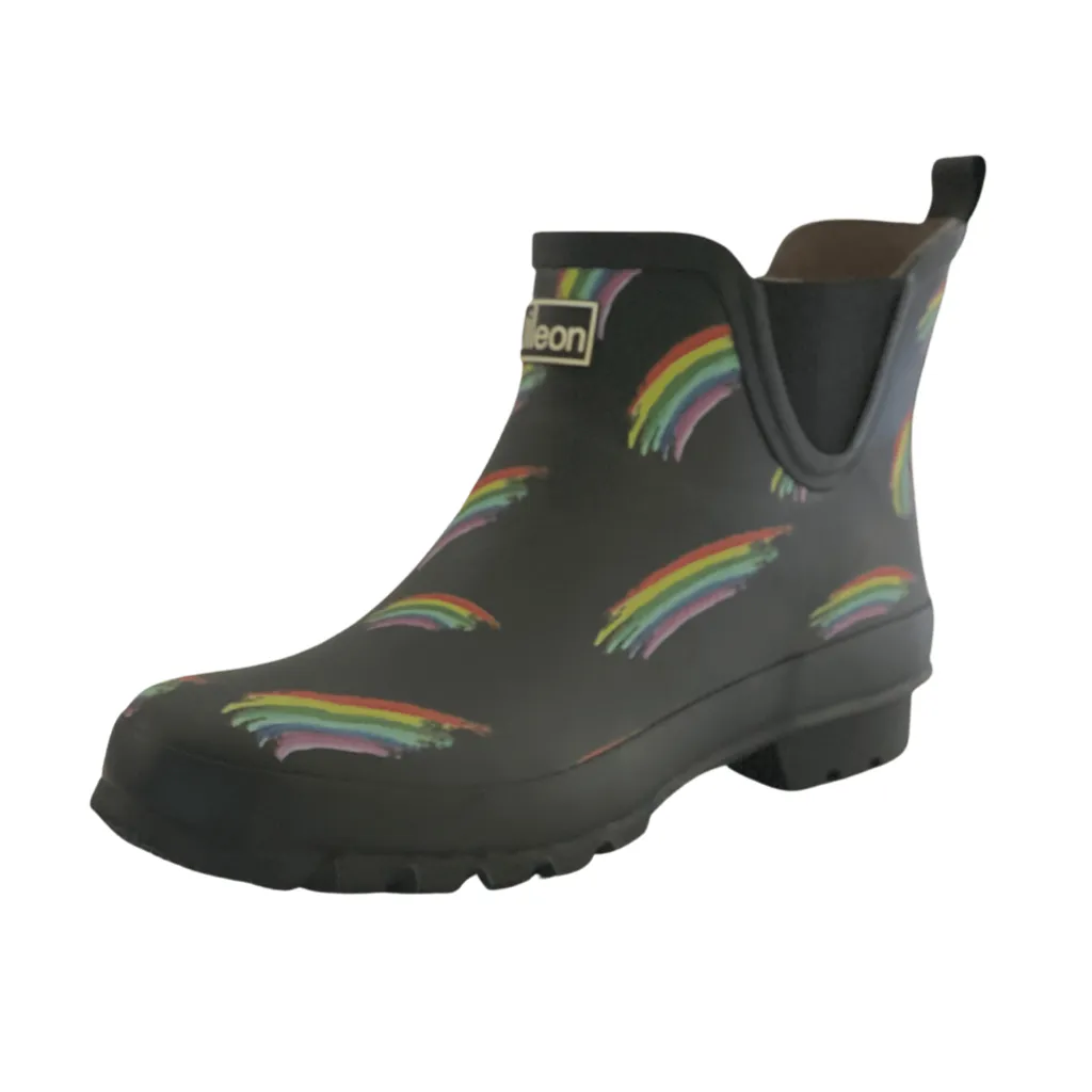 Ankle Height Rain Boots - Black Matt with Rainbows - Wide Foot - Easy to Slip On