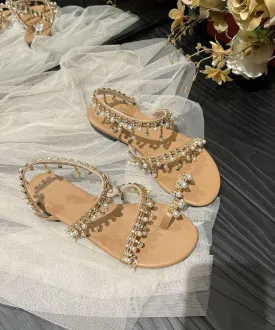 Bohemian Beige Tassel Pearl Sandals Soft Beach Sandals LY4320