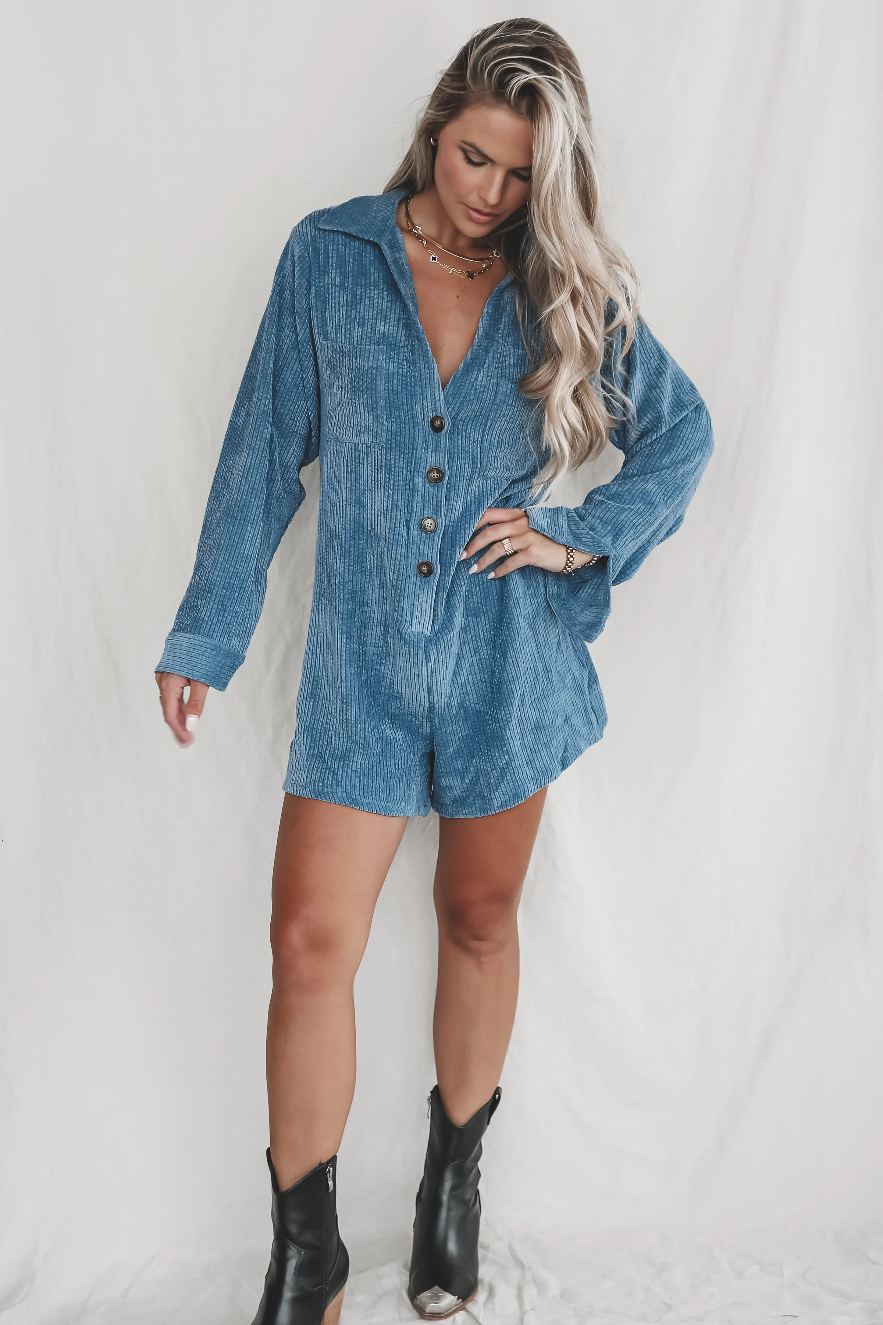 Bright And Early Blue Corduroy Romper