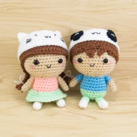 Crochet Couple Dolls Amigurumi - Boy with Panda Hat and Girl with Cat Hat