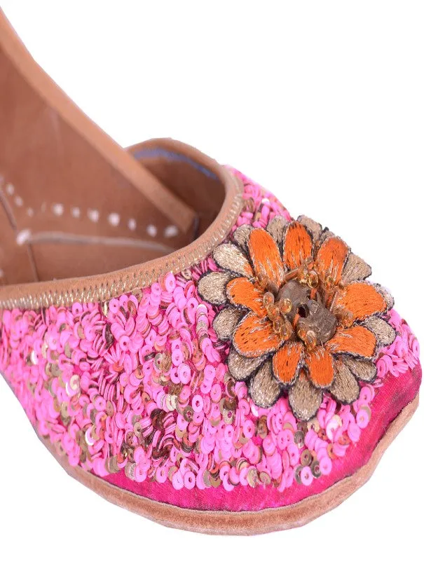 Delicate Floral - Pink Sequins Embellished Silk Juttis