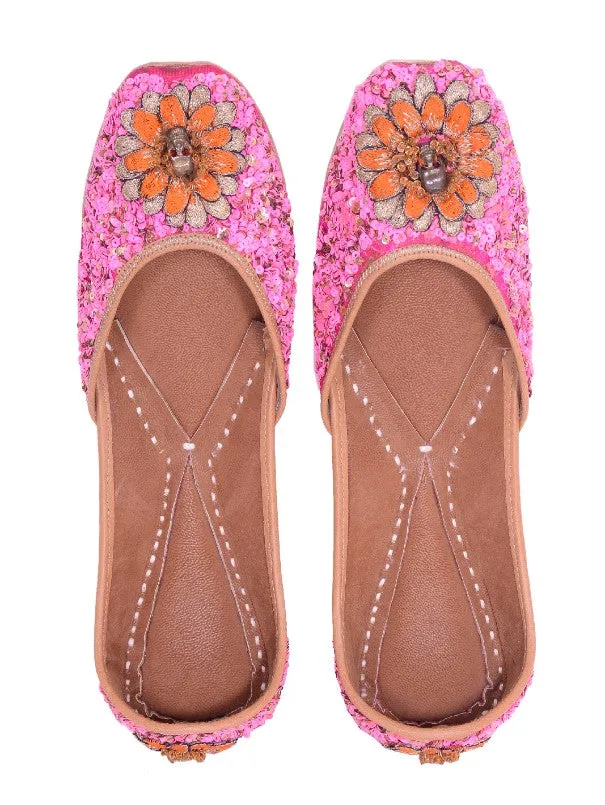 Delicate Floral - Pink Sequins Embellished Silk Juttis