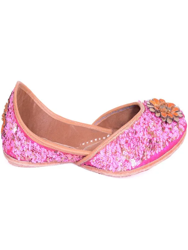 Delicate Floral - Pink Sequins Embellished Silk Juttis