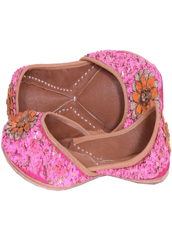 Delicate Floral - Pink Sequins Embellished Silk Juttis