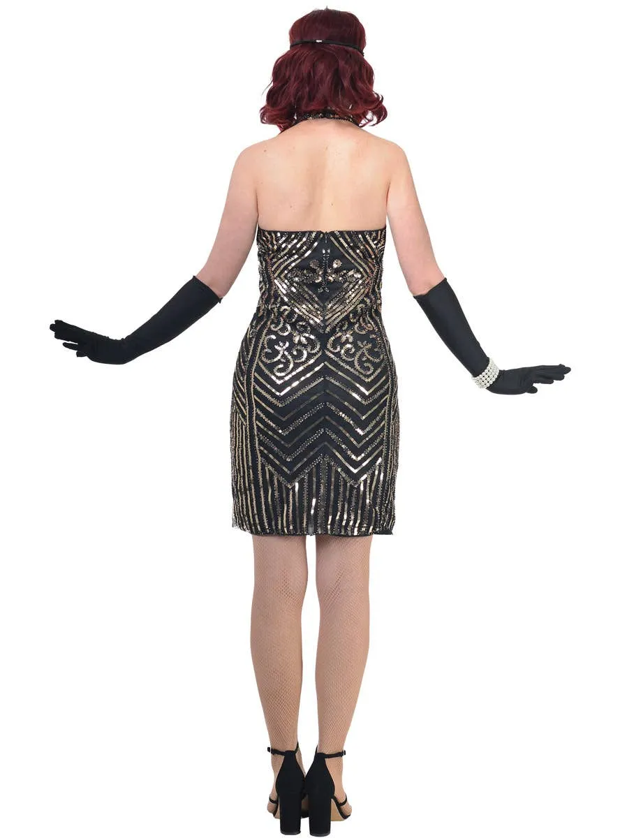 Great Gatsby Black and Gold Sequinned Womens Flapper Dress Costume