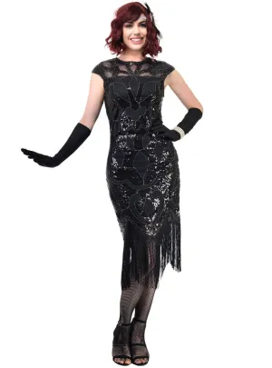 Great Gatsby Womens Black Plus Size Cap Sleeve Flapper Dress Costume