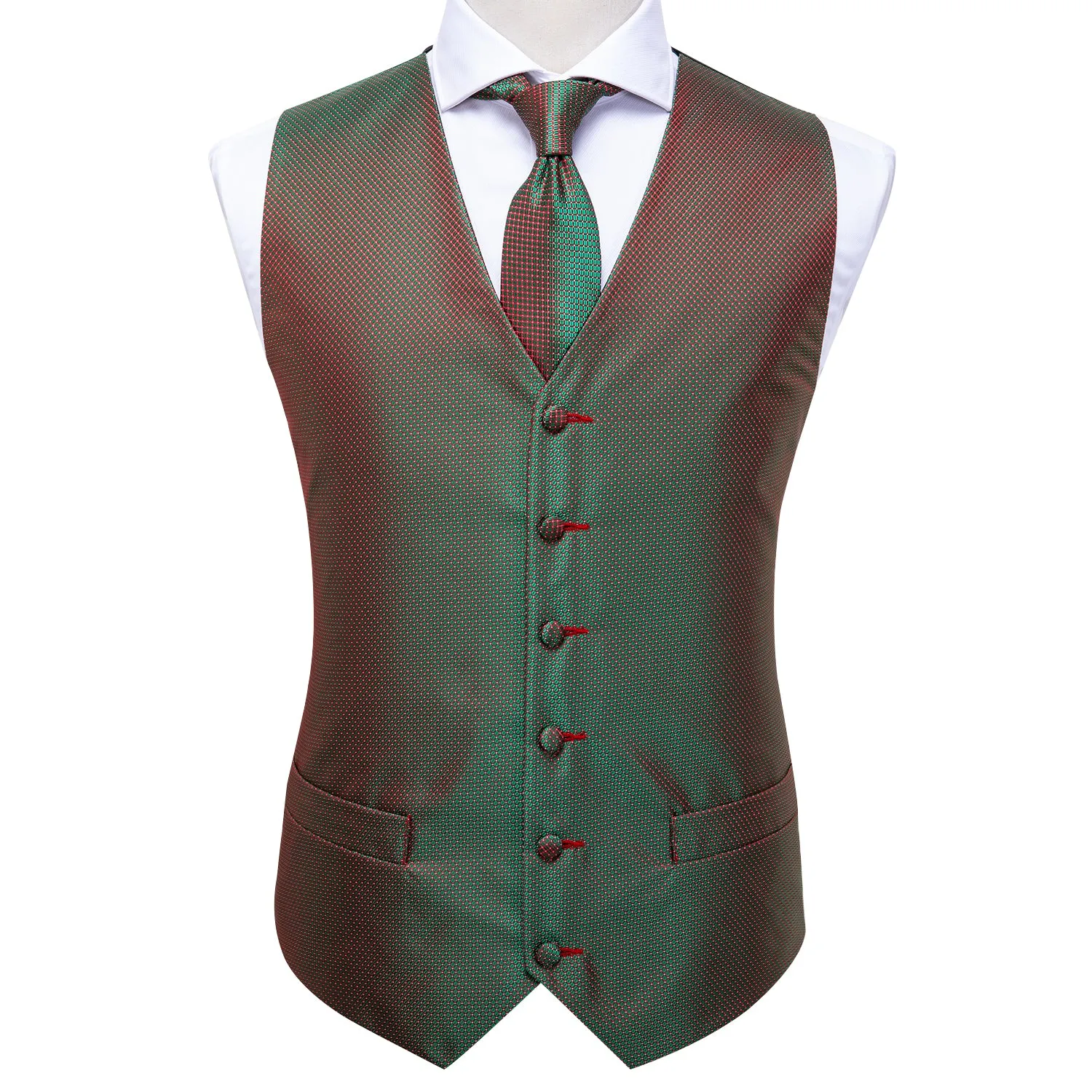 Green Plaid  Silk Men's Vest Hanky Cufflinks Tie Set Waistcoat Suit Set