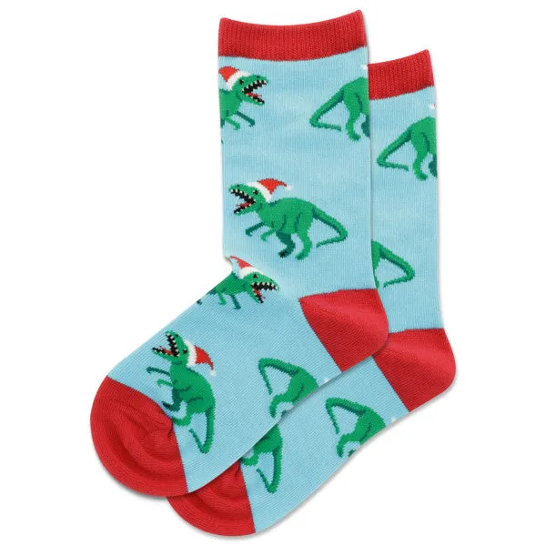 Kid's T Rex with Santa Hat Crew Socks