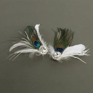 Peacock Feather Shoe Clips with Crystal