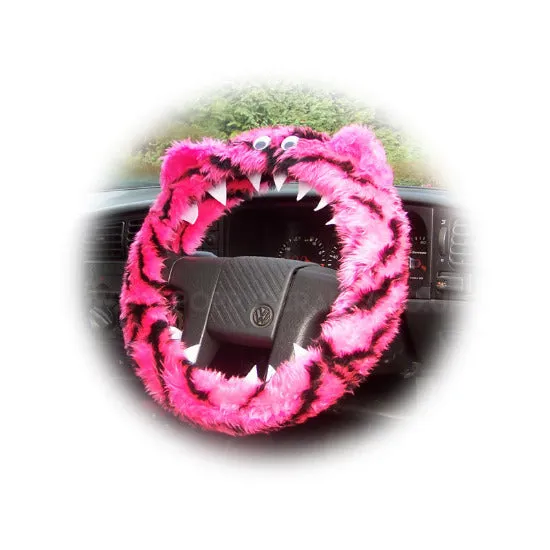 Pink and black Tiger stripe fuzzy Monster steering wheel cover