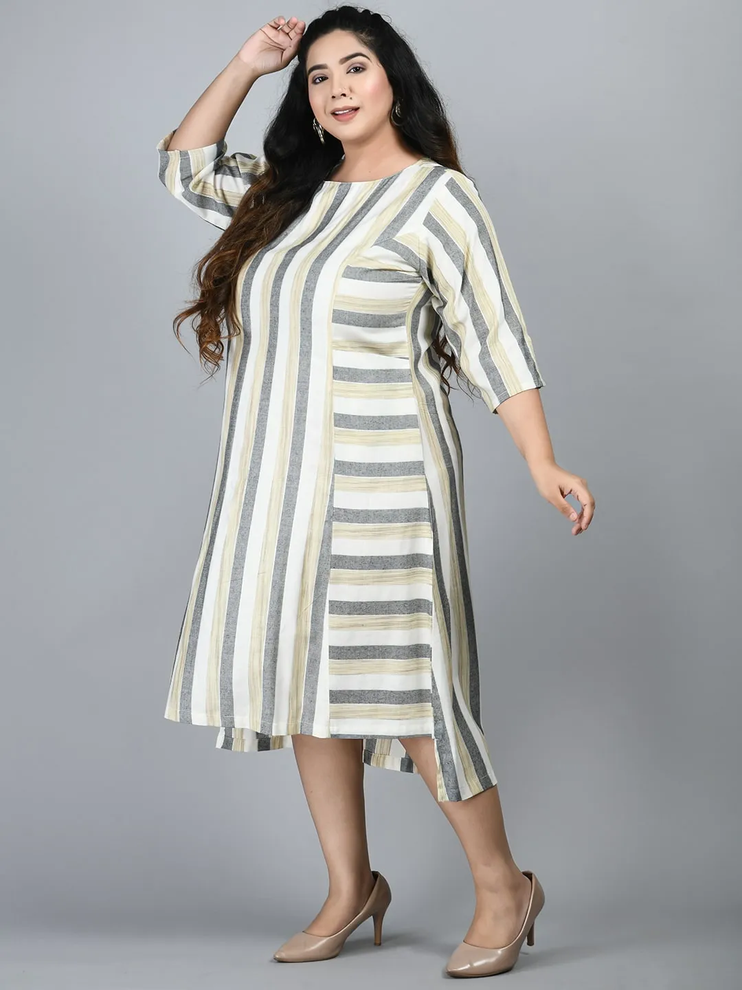 Plus Size Plus Size Striped Grey Midi Dress