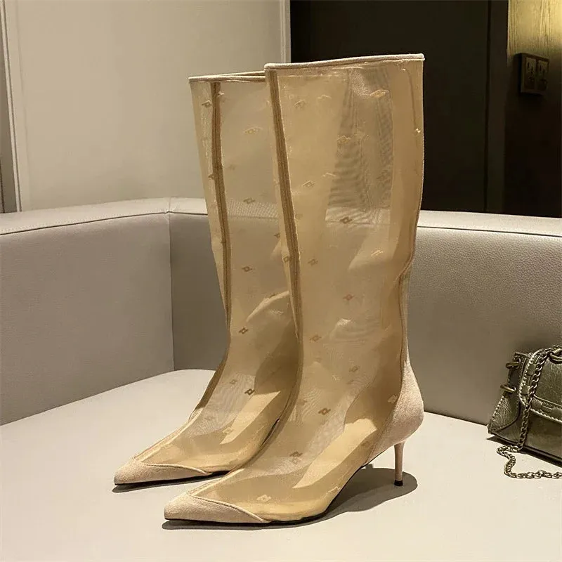 Pre Order:  Mesh Knee-High Thin Heels Pointed Toe Boots