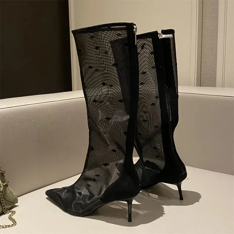 Pre Order:  Mesh Knee-High Thin Heels Pointed Toe Boots