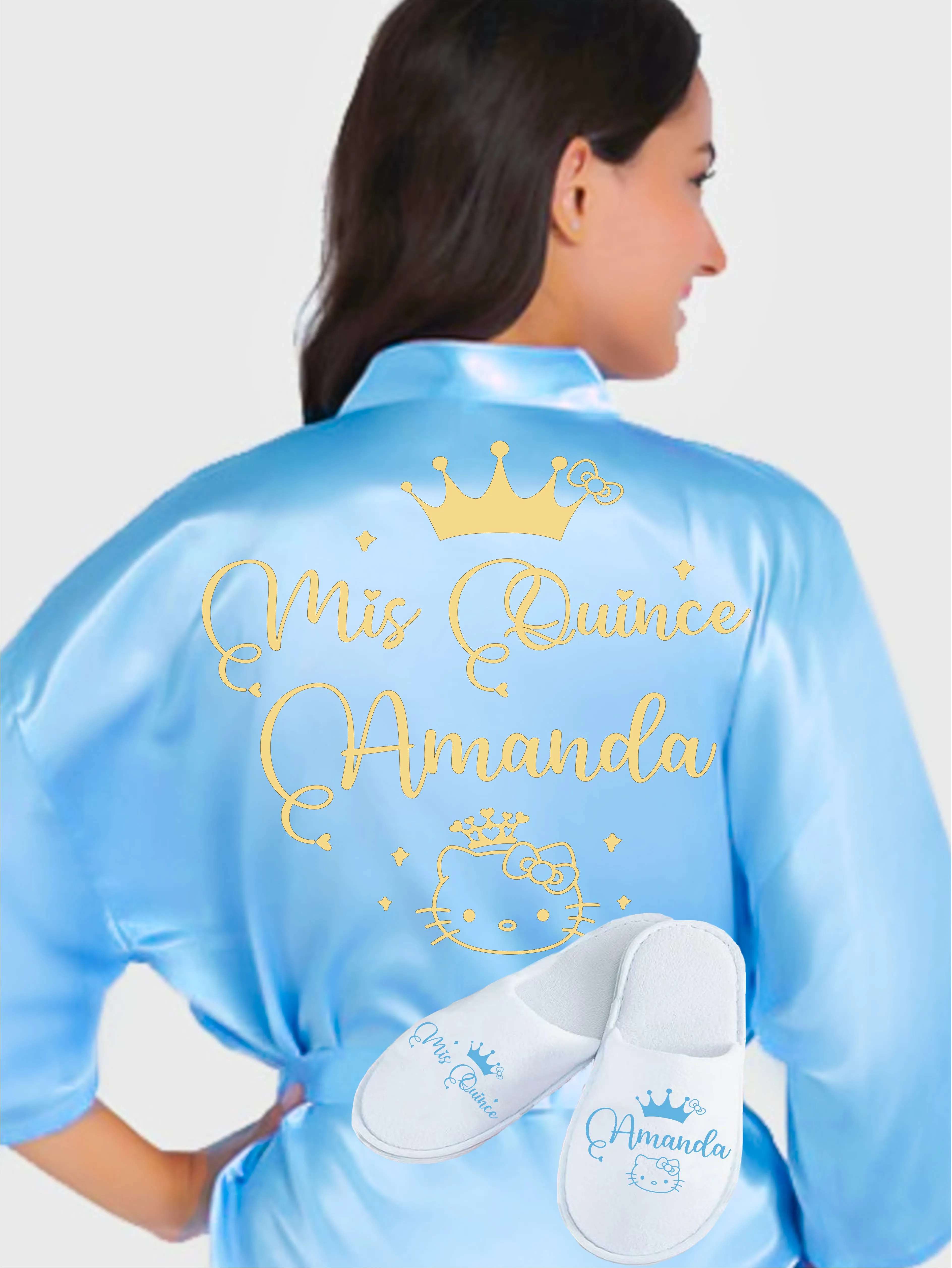 Quinceanera Light Blue with Gold robe with slippers