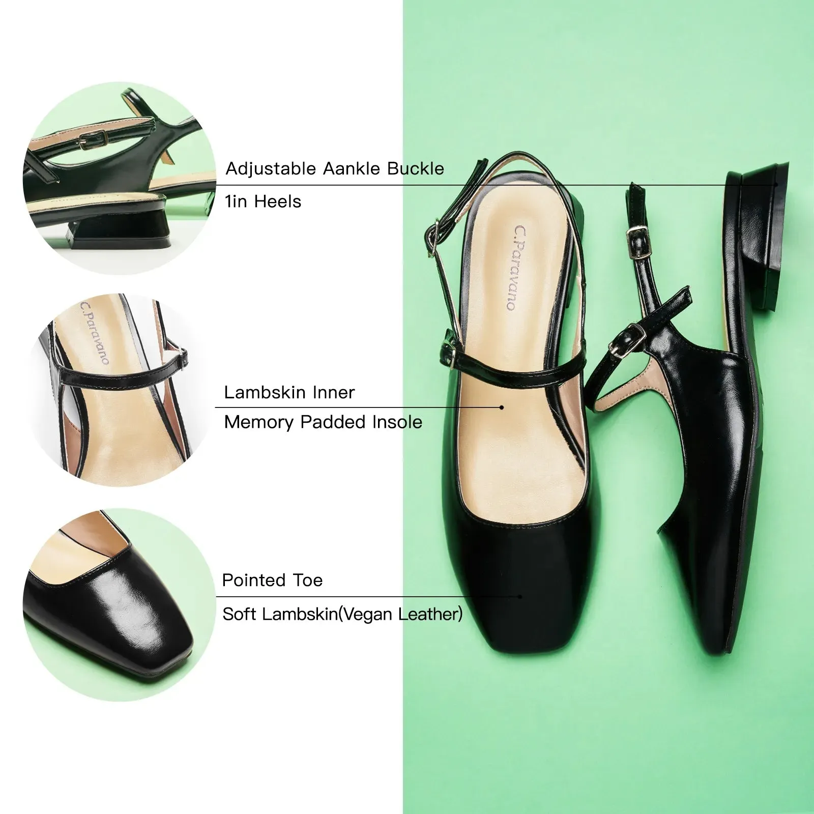 Square-Toe Sleek Slingback Flats (Felicia)