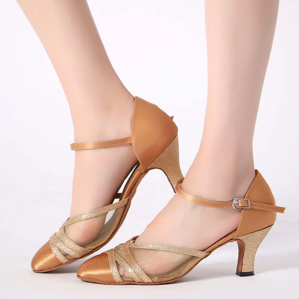 Women's Pumps Ballroom Dance Shoes Suede Sole Closed-toe Party Wedding Footwear Mid Heel Nude