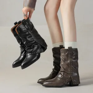 Women's Retro Leather Mid Calf Slouch Boots Mid Heel Folded Western Boots in Black/Brown